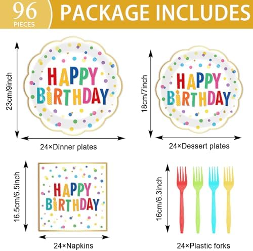 96PCS Polka Dot Plates Tableware Set Supplies Happy Birthday Cake Dessert Scalloped Paper Plates Napkins Tableware Set Polka Dot Theme Colorful Birthday Plate Dinnerware Decoration for 24 Guests - Image 2