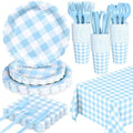 WNINK 176 PCS Light Blue Gingham Plates and Napkins, Blue Checkered Disposable Plates Set with Napkins Cups Plastic Spoons Forks Knives for Dinner Birthday Baby Shower Wedding Supplies Serve 25 Guests by WNINK