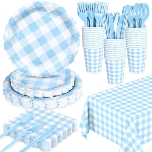 WNINK 176 PCS Light Blue Gingham Plates and Napkins, Blue Checkered Disposable Plates Set with Napkins Cups Plastic Spoons Forks Knives for Dinner Birthday Baby Shower Wedding Supplies Serve 25 Guests by WNINK