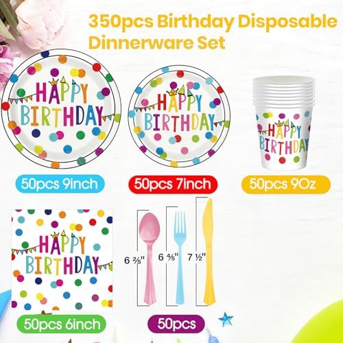 Birthday Plates & Napkins Party supplies - 350Pcs Happy Birthday Paper Plates and Napkins Sets, Disposable Happy Birthday Dots Tableware Set for Boys and Girls Party Decorations, Serves 50 - Image 3