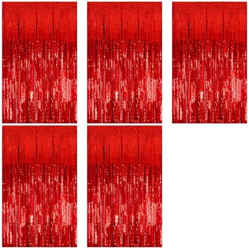 5 Pack Foil Curtain Backdrop Red Metallic Tinsel Foil Fringe Curtains Photo Booth Props for Birthday Wedding Engagement Baby Shower Bachelorette Christmas Holiday Celebration Party Decorations by KEJ