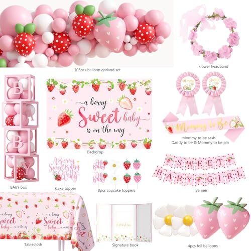 Strawberry Baby Shower Decorations, A Berry Sweet Baby Is On The Way Party Supplies, It's a Girl Gender Reveal, Backdrop Balloon Arch Box Mom to Be Sash Dad to Be Pin Tablecloths Cake Topper - Image 2