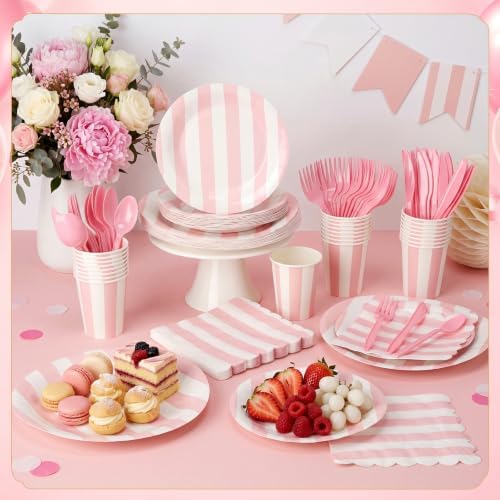 Mimorou 175 Pcs Pink White Striped Party Tableware for 25 - Image 2