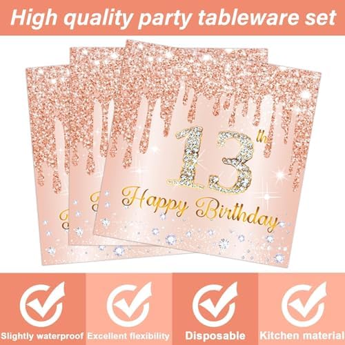 200 PCS Rose Gold 13th Birthday Party Plates Napkins Pink 13th Tableware Set for Happy 13 Years Old Birthday Decorations Dessert Plates Forks Serve 50 Guests for Girls 13 Years Old Party Supplies - Image 4