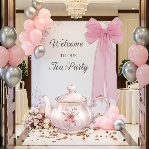Colingmill Tea Party Decorations Teapot Cardboard Cutout 35.4 x 24.6 Inch Pink Floral Tea Party Baby Shower Let's Partea Photography Background for Women Birthday Bridal Decorations - Image 6