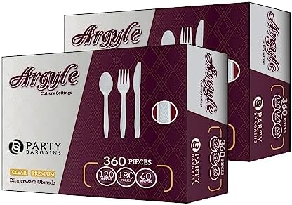 PARTY BARGAINS Argyle White Plastic Cutlery Set 720 -Piece – 360 Forks, 240 Spoons, 120 Knives – Heavy-Duty Disposable Utensils for Parties, Weddings, Buffets, BBQs & Catering – BPA Free by PARTYBARGAINS
