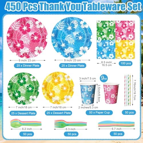 450 Pcs Hawaiian Leaves Flowers Tableware Set, Serve 50, Colorul - Image 2