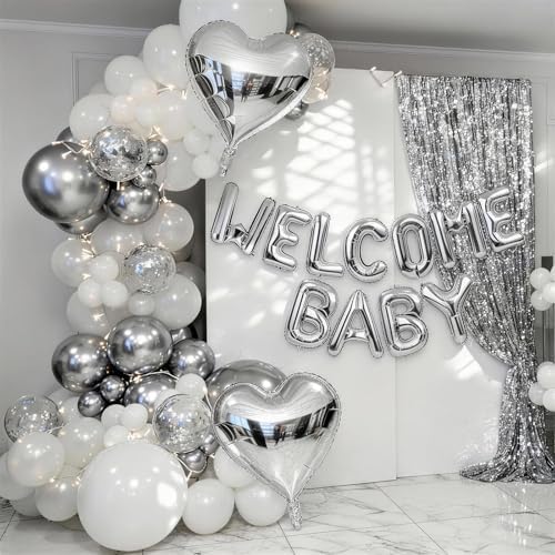 Metallic Silver Baby Shower Decorations Balloons, WELCOME BABY Letter Foil Balloons Banner Backdrop with Chrome Silver Confetti Latex & Heart Balloon for Newborn Infant Babyboy Babygirl Party Decor - Image 3