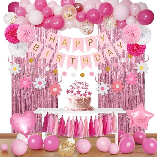 Pink Red Happy Birthday Party Decorations kits for Girls Women with Happy Birthday Banner, Fringe Curtain,Foil Balloons,Tissue Pompoms,Dots Garland,Tassels Garland,Cake Topper for birthday decor(pink) by YGBMDZ