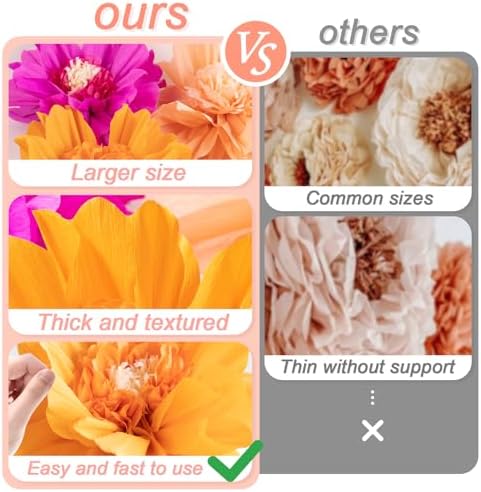 SUNBEAUTY Large Paper Flowers Decorations 4PCS 20'' Pink Orange Giant Paper Flowers Large Crepe Tissue Flower Decorations for Girls Women Birthday Baby Shower Spring Summer Wedding Wall Decor - Image 4