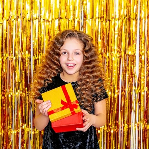 2 Pack Gold Backdrop Birthday Decorations Foil Curtain Backdrop Gold Streamers Dance Party Decorations Photo Booth Props for Bachelorette Decorations Christmas Halloween New Years Eve Party Supplies - Image 2