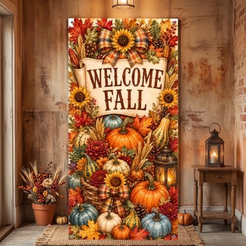 Fall Door Banner 35x71 Inch Welcome Fall Vertical Front Door Cover Pumpkins Sunflowers Maple Leaves Wheat Harvest Hanging Flag for Autumn Porch Yard Wall Farmhouse Thanksgiving Home Outdoor Decor - Image 4