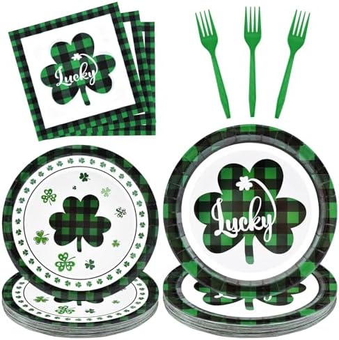 96 Pieces St. Patrick’s Day Tableware Set – Green and Black Plaid Shamrock Disposable Plates, Napkins, and Forks for Irish Party, Lucky Clover Celebration St. Paddy’s Day Dinner – Serves 24 Guests by GistomeHome
