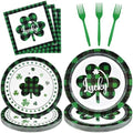 96 Pieces St. Patrick’s Day Tableware Set – Green and Black Plaid Shamrock Disposable Plates, Napkins, and Forks for Irish Party, Lucky Clover Celebration St. Paddy’s Day Dinner – Serves 24 Guests by GistomeHome