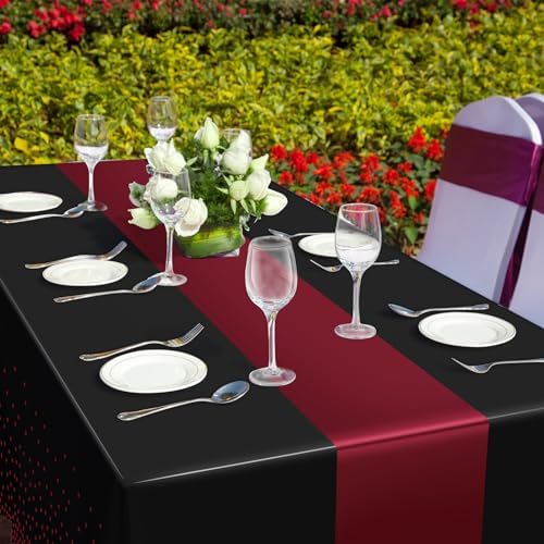1Pcs Black and Maroon Tablecloth Party Decorations,Plastic Black Table Cloth Printed Maroon Table Runner Disposable Rectangle Table Cover for Birthday Wedding Graduation Anniversary Party,54x108Inch - Image 6