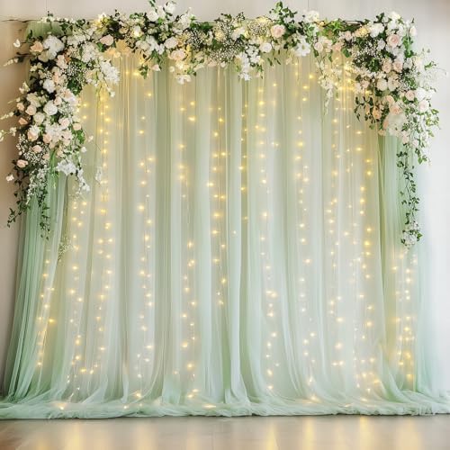 Fomcet Tulle Backdrop Curtains with Lights Sage Green 10x8ft Sheer Curtain by Fomcet