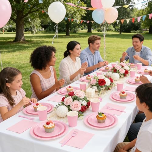 Light Pink Plates and Napkins Party Supplies, Include 9’’ Pink Disposable Paper Plate, 7’’ Dessert Plates Cups Napkins Forks Set for Birthday, Baby Shower Wedding, Party Decorations for Serves 25 - Image 6