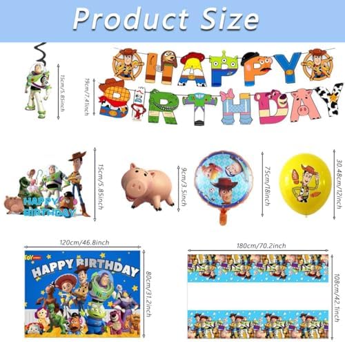 48PCS Toy Story Birthday Party Supplies Set, Including Happy Birthday Banner, Backdrop, Swirl Decorations, Balloons, Cake Topper, Cupcake Toppers, Tablecloth - Image 2