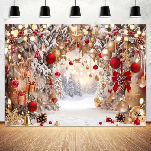 7X5FT Winter Christmas Gold Red Arch Backdrop Dreamy Snowy Forest Scene by Unknown