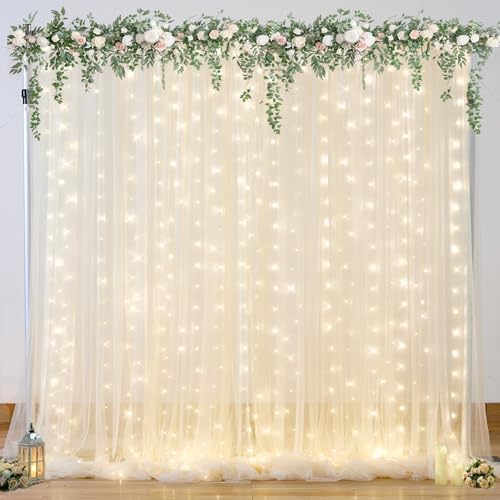 Champagne Tulle Backdrop Curtain with Lights String for Parites Wedding 5x8ft Champagne Sheer Backdrop Curtains for Bridal Shower Baby Shower Birthday Party Photo Booth Background Decorations by Suppromo