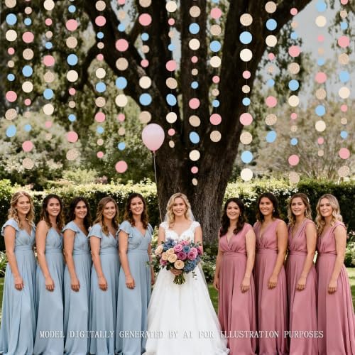 Champagne Gold Dusty Pink Blue Cream Beige Circle Dot Hanging Streamer Polka Dot Garland Banner for Birthday Wedding Bridal Shower Engagement Boho Gender Reveal Party Decorations Supplies - Image 4