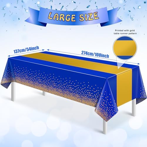 3Pcs Blue and Gold Tablecloth Party Decorations,Plastic Royal Blue Table Cloth Printed Gold Tables Runner Disposable Rectangle Table Cover for Birthday Anniversary Wedding Graduation Party,54 x108Inch - Image 2