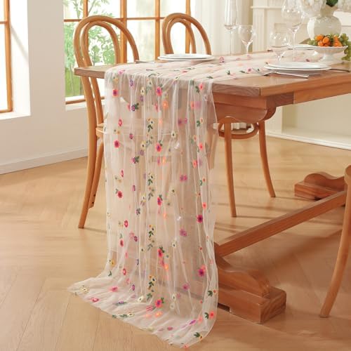 3pcs Champagne Embroidery Daisy Fall Table Runner 10ft Florals Seasonal Tulle Table Runner Holiday Kitchen Dining Table Decoration for Home Party Indoor - Image 3