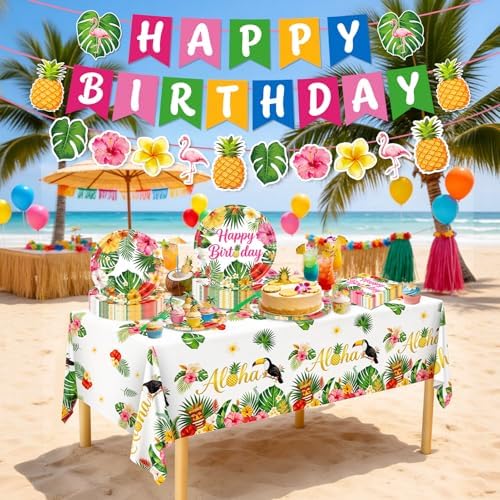 REDWORD Hawaiian Birthday Party Decorations, 99Pcs Hawaiian Plates and Napkins-Serve 24 With Birthday Banner Tablecloth Disposable Luau Plates for Luau Birthdays Tropical Summer BBQ Party Decorations - Image 6