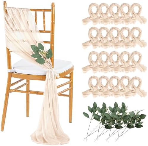QueenDream Wedding Chair Sashes Aisle Decorations: 24 Pack Champagne Chair Cover 8FT Long Tulle Draping Fabric Reception Church by QueenDream