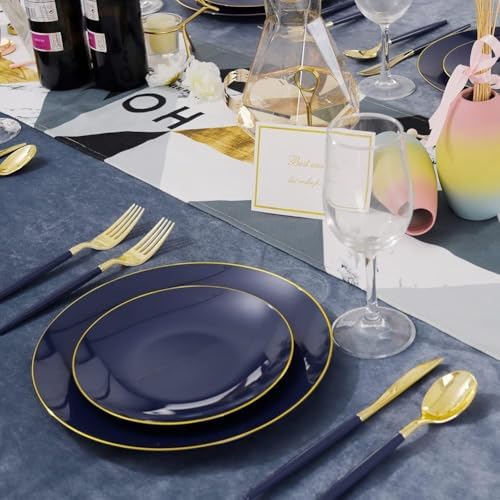 Liacere 150PCS Blue Plastic Plates - Gold Plastic Silverware with Blue Handle - Navy Disposable Plates Include 30 Guests Plates,Forks,Spoons,Knives for Party & Back to School Party & Labor Day - Image 3