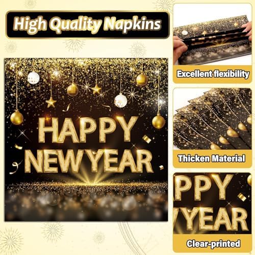 Qyeahkj 200 Pcs Happy New Years Plates and Napkins Party Supplies Black and Gold 2026 New Year's Eve Disposable Tableware Set with Paper Plates Napkins for NYE Party Celebration Decoration Serves 50 - Image 3