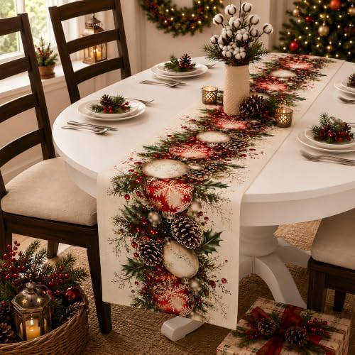 Christmas Decorations - Xmas Balls Snowflake Pine Cone Table Runner - Image 7