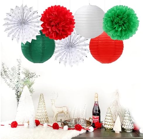 Red Green-White Christmas Party Decorations - 20pcs Mexican Italian Paper Lanterns Fans,Tissue Pom Poms,Honeycomb Balls,Bunting,Birthday Mexico Italy Baby Shower Wedding Decor Burgleda - Image 7