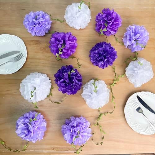 Ombre Purple White Party Decorations Lavender White Tissue Paper Flowers Pom Pom with Leaf Ribbon Hanging Garland Streamer for Birthday Bachelorette Wedding Lilac Violet Party Supplies - Image 4