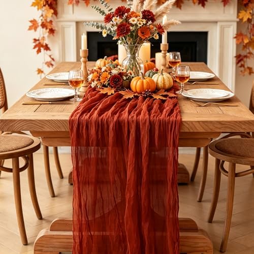 Fall Table Runner, 10FT Thanksgiving Terracotta Cheesecloth Table Runner 35*120inch Burnt Orange Decor for Autumn Fall Wedding Baby Shower Friendsgiving Thanksgivig Home Kitchen Table Decorations - Image 6