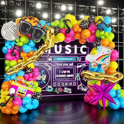 90s 80s Disco Theme Party Decorations, 171Pcs Balloon Arch Kit with Retro Disco Ball Radio Glasses Roller Skate Musical Note Chain Star Foil Balloons for Back to 90s 80s Hip Hop Birthday Supplies by Woaipati