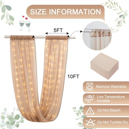 Dark Champagne Ceiling Drapes with Lights String for Weddings, 6 Panels 5ftx10ft Sheer Tulle Backdrop Photo Background Drapes for Wedding Ceremony Birthday Party Arch Decoration - Image 5