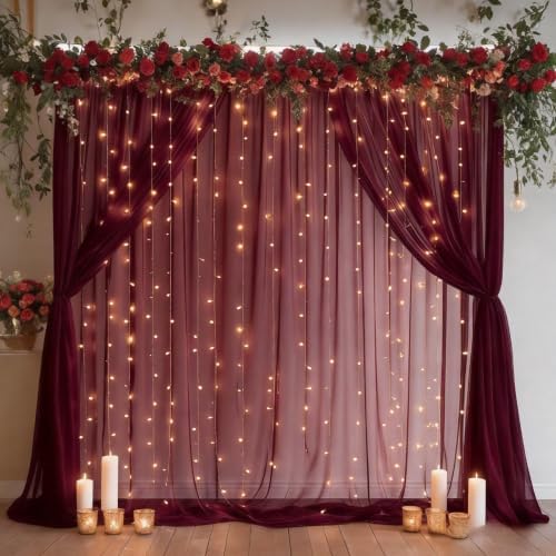 Shillance 10ft x 8ft Burgundy Backdrop Curtain with Lights String for Parties, Sheer Tulle Wedding Photo Backdrops Drapes for Baby Shower Birthday Party Decorations Background for Photography - Image 3