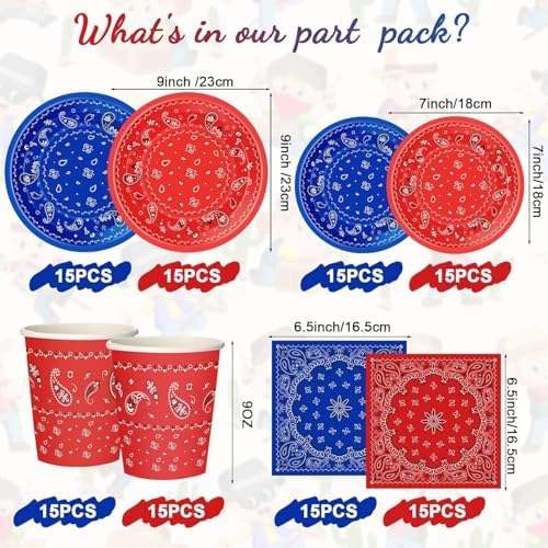 Tegeme 123 Pcs Western Cowboy Party Tableware Set for 30 Guests, Red, Blue - Image 3
