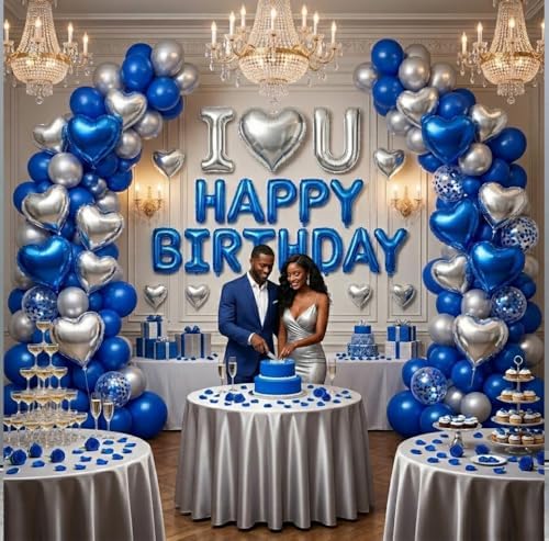 Romantic Birthday Decorations for Him I LOVE YOU & HAPPY BIRTHDAY Foil Balloons & Rose Petals,Blue Silver Special Night Decorations, Husband Anniversary Surprise,Bedroom,Men Boyfriend Hotel Decor - Image 6