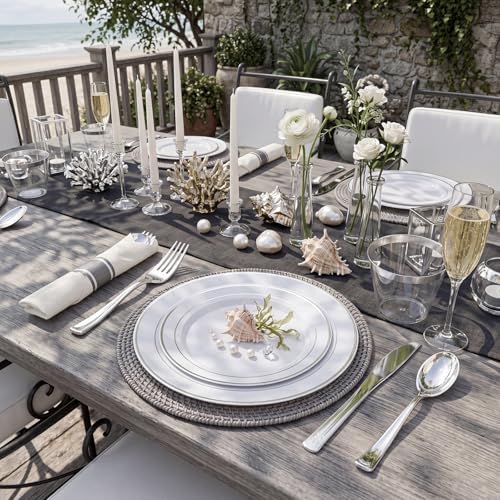 WDF Partyware 350Piece Silver Plastic Dinnerware Set for 50 Guests - Silver Plastic Plates with Cutlery Include:50Dinner Plates-50Dessert Plates-50Pre Rolled Napkins with Silverware Party Wedding - Image 6