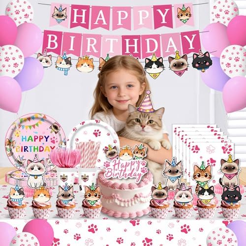 197pcs Cat Birthday Decorations Kit, Cute Cat Themed birthday party decorations with Tableware, Cake Decorations & Hanging Accessories, Serves 24 Guests - Image 4