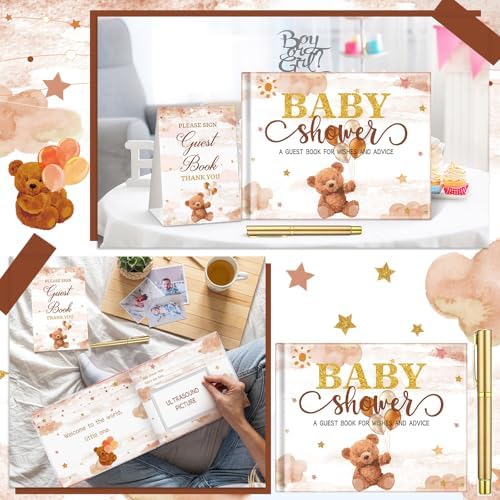 Fuyoooo 27 Pcs Brown Bear Baby Shower Guest Book Gold Pen Photo Corners - Image 5