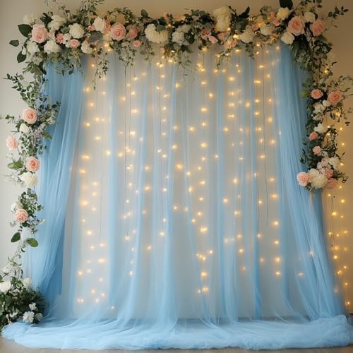 Tulle Curtain Backdrop with 300 LED Fairy Lights for Parites Wrinkle-Free Sheer Curtain Drapes Photo Back Drop for Wedding Baby Shower Bridal Shower Birthday Home Décor - 10ft×10ft, Baby Blue by HOLITS