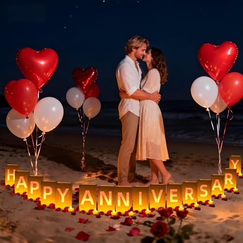 Happy Anniversary Light Up Letters, Include Light up Letters, with Tea Lights Candles, Latex Balloons, Aluminum Balloons and Rose Petals, Anniversary and Valentines' Day Decorations for Women - Image 6