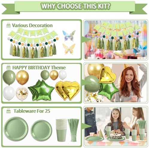 Guudmua 222 Pcs Sage Green Happy Birthday Decorations, Birthday Decorations for Women or Girl Kit- Disposable Dinnerware Set with 25 Guest, Balloons, Sash, Tiara, Banner, Paper Pom Poms - Image 4