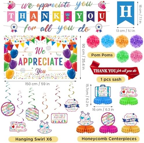 We Appreciate You Decorations Colorful Thank You for All You Do Banner Honeycomb Centerpieces Hanging Swirls for Employee Appreciation Gifts Pastor Teacher Doctor Labor Day Retirement Party Decor - Image 3