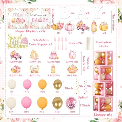 249pcs Little Pumpkin Baby Shower Decorations for Girl,A Sweet Little Pumpkin is On the Way Baby Shower,Pink Pumpkin Floral Balloons Plates Boxes Tablecloth for Fall Thanksgiving Autumn Party Decor - Image 5