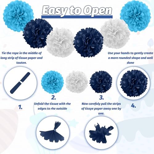 Navy Blue Birthday Decorations, Happy Birthday Banner with Paper Pompoms, Hanging Swirls, Garland, Party Balloons Happy Birthday Party Decorations for Women Men Boys Girls - Image 4