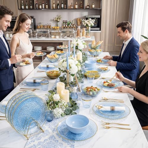 Rubtlamp 100 Guest Blue Gold Plastic Dinnerware Set,Clear Blue Disposable With Gold Rim, Hammer Fancy Party Plates Include 100Dinner Platos,100Cake Platos,100Cups,100 Pre Rolled gold Cutlery - Image 5